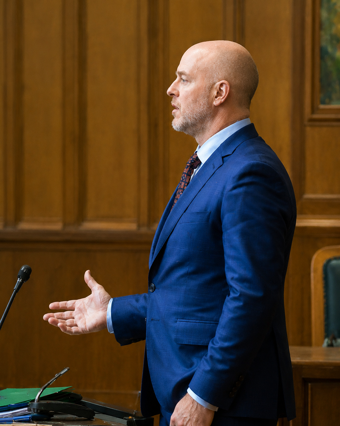 Greig Varga, paralegal, in a courtroom setting